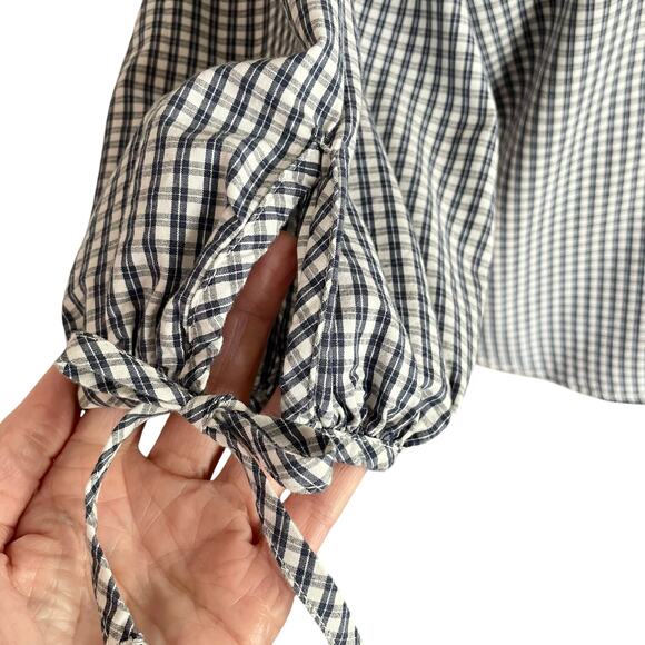 Free Assembly Gingham Plaid Navy White Button Up Shirt LRG Peasant Casual Spring - Picture 4 of 9